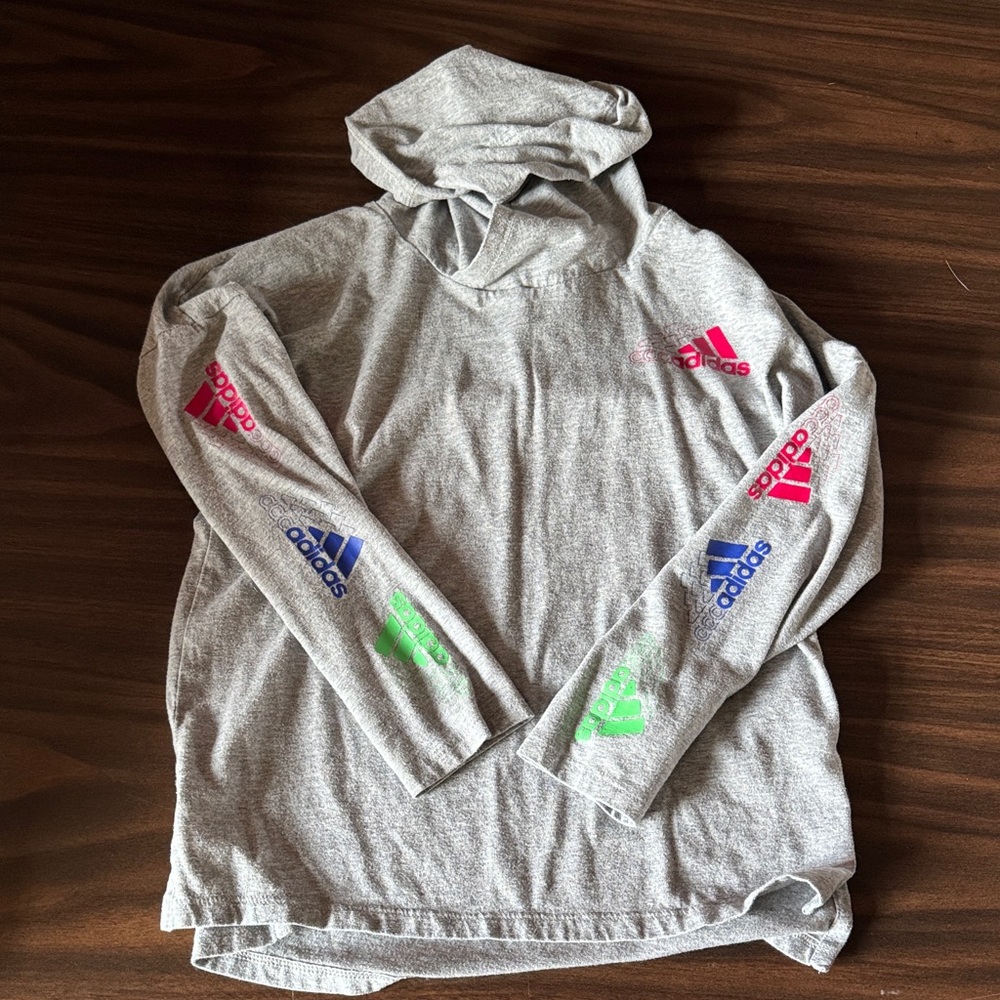 Adidas Heather Gray Hoodie with Colorful Accents